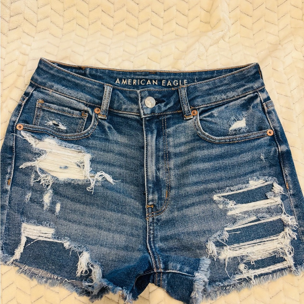 American Eagle Outfitters Blue Jean Shorts with Distressed Details